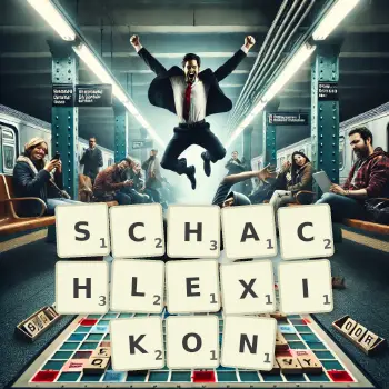 Kreative Illustration für ein Scrabble-Spiel, bei dem das Wort SCHACHLEXIKON mit Steinen auf dem Brett gelegt wurde.