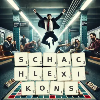 Kreative Illustration für ein Scrabble-Spiel, bei dem das Wort SCHACHLEXIKONS mit Steinen auf dem Brett gelegt wurde.