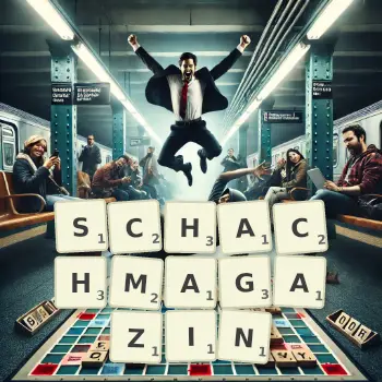 Kreative Illustration für ein Scrabble-Spiel, bei dem das Wort SCHACHMAGAZIN mit Steinen auf dem Brett gelegt wurde.