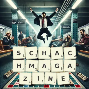 Kreative Illustration für ein Scrabble-Spiel, bei dem das Wort SCHACHMAGAZINE mit Steinen auf dem Brett gelegt wurde.