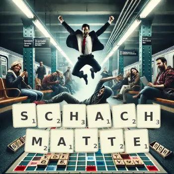 Kreative Illustration für ein Scrabble-Spiel, bei dem das Wort SCHACHMATTE mit Steinen auf dem Brett gelegt wurde.