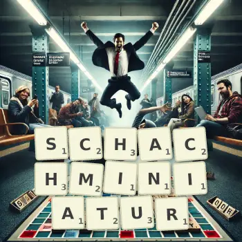 Kreative Illustration für ein Scrabble-Spiel, bei dem das Wort SCHACHMINIATUR mit Steinen auf dem Brett gelegt wurde.