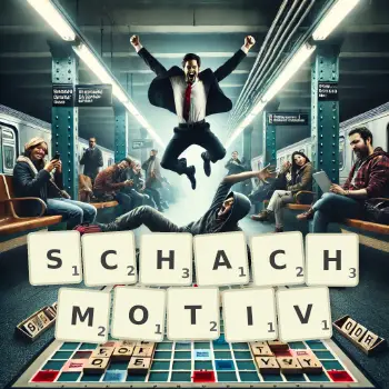 Kreative Illustration für ein Scrabble-Spiel, bei dem das Wort SCHACHMOTIV mit Steinen auf dem Brett gelegt wurde.