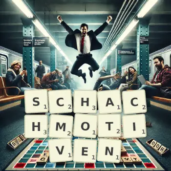 Kreative Illustration für ein Scrabble-Spiel, bei dem das Wort SCHACHMOTIVEN mit Steinen auf dem Brett gelegt wurde.