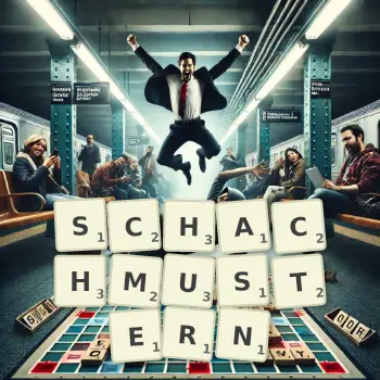 Kreative Illustration für ein Scrabble-Spiel, bei dem das Wort SCHACHMUSTERN mit Steinen auf dem Brett gelegt wurde.