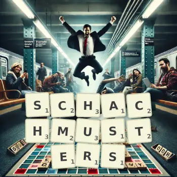 Kreative Illustration für ein Scrabble-Spiel, bei dem das Wort SCHACHMUSTERS mit Steinen auf dem Brett gelegt wurde.