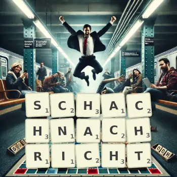 Kreative Illustration für ein Scrabble-Spiel, bei dem das Wort SCHACHNACHRICHT mit Steinen auf dem Brett gelegt wurde.