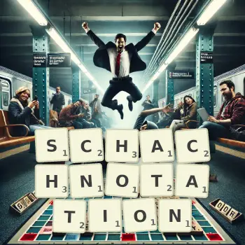 Kreative Illustration für ein Scrabble-Spiel, bei dem das Wort SCHACHNOTATION mit Steinen auf dem Brett gelegt wurde.