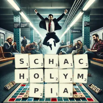 Kreative Illustration für ein Scrabble-Spiel, bei dem das Wort SCHACHOLYMPIA mit Steinen auf dem Brett gelegt wurde.