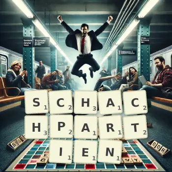 Kreative Illustration für ein Scrabble-Spiel, bei dem das Wort SCHACHPARTIEN mit Steinen auf dem Brett gelegt wurde.