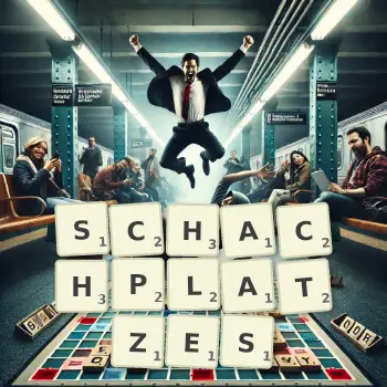 Kreative Illustration für ein Scrabble-Spiel, bei dem das Wort SCHACHPLATZES mit Steinen auf dem Brett gelegt wurde.