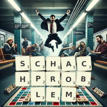 Kreative Illustration für ein Scrabble-Spiel, bei dem das Wort SCHACHPROBLEM mit Steinen auf dem Brett gelegt wurde.