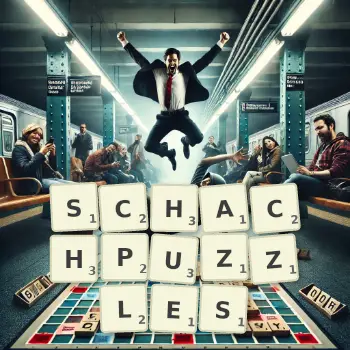 Kreative Illustration für ein Scrabble-Spiel, bei dem das Wort SCHACHPUZZLES mit Steinen auf dem Brett gelegt wurde.