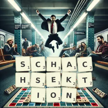 Kreative Illustration für ein Scrabble-Spiel, bei dem das Wort SCHACHSEKTION mit Steinen auf dem Brett gelegt wurde.