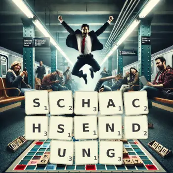 Kreative Illustration für ein Scrabble-Spiel, bei dem das Wort SCHACHSENDUNG mit Steinen auf dem Brett gelegt wurde.