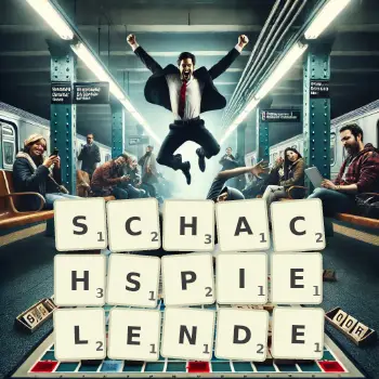 Kreative Illustration für ein Scrabble-Spiel, bei dem das Wort SCHACHSPIELENDE mit Steinen auf dem Brett gelegt wurde.
