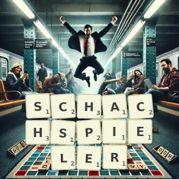 Kreative Illustration für ein Scrabble-Spiel, bei dem das Wort SCHACHSPIELER mit Steinen auf dem Brett gelegt wurde.
