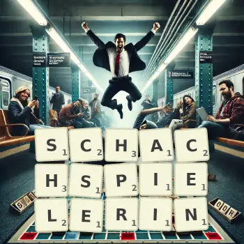 Kreative Illustration für ein Scrabble-Spiel, bei dem das Wort SCHACHSPIELERIN mit Steinen auf dem Brett gelegt wurde.