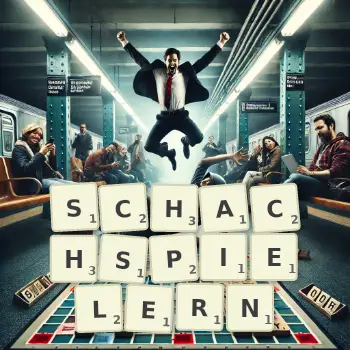 Kreative Illustration für ein Scrabble-Spiel, bei dem das Wort SCHACHSPIELERN mit Steinen auf dem Brett gelegt wurde.