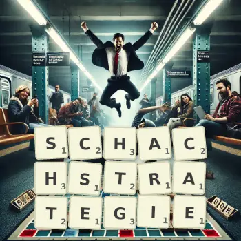 Kreative Illustration für ein Scrabble-Spiel, bei dem das Wort SCHACHSTRATEGIE mit Steinen auf dem Brett gelegt wurde.