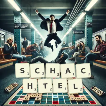 Kreative Illustration für ein Scrabble-Spiel, bei dem das Wort SCHACHTEL mit Steinen auf dem Brett gelegt wurde.