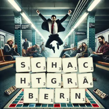 Kreative Illustration für ein Scrabble-Spiel, bei dem das Wort SCHACHTGRÄBERN mit Steinen auf dem Brett gelegt wurde.