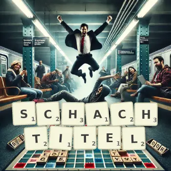 Kreative Illustration für ein Scrabble-Spiel, bei dem das Wort SCHACHTITEL mit Steinen auf dem Brett gelegt wurde.