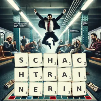 Kreative Illustration für ein Scrabble-Spiel, bei dem das Wort SCHACHTRAINERIN mit Steinen auf dem Brett gelegt wurde.