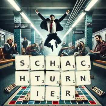 Kreative Illustration für ein Scrabble-Spiel, bei dem das Wort SCHACHTURNIER mit Steinen auf dem Brett gelegt wurde.