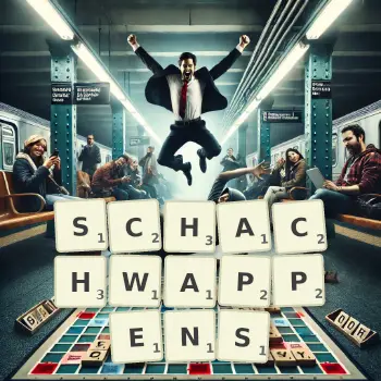 Kreative Illustration für ein Scrabble-Spiel, bei dem das Wort SCHACHWAPPENS mit Steinen auf dem Brett gelegt wurde.