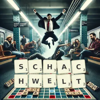 Kreative Illustration für ein Scrabble-Spiel, bei dem das Wort SCHACHWELT mit Steinen auf dem Brett gelegt wurde.