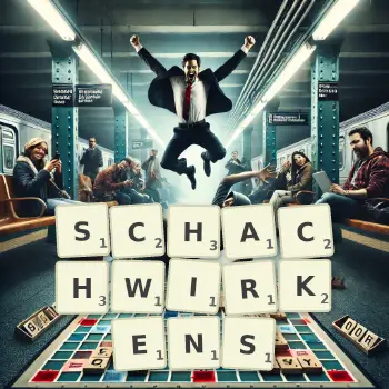 Kreative Illustration für ein Scrabble-Spiel, bei dem das Wort SCHACHWIRKENS mit Steinen auf dem Brett gelegt wurde.