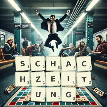 Kreative Illustration für ein Scrabble-Spiel, bei dem das Wort SCHACHZEITUNG mit Steinen auf dem Brett gelegt wurde.