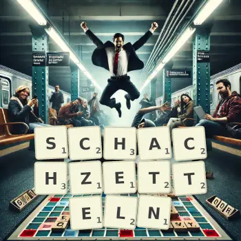 Kreative Illustration für ein Scrabble-Spiel, bei dem das Wort SCHACHZETTELN mit Steinen auf dem Brett gelegt wurde.