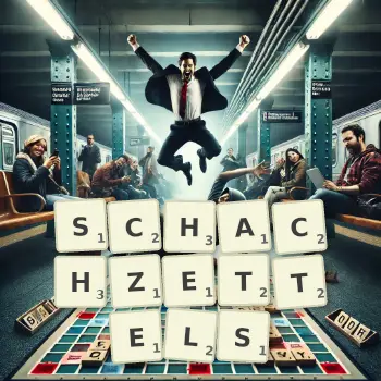 Kreative Illustration für ein Scrabble-Spiel, bei dem das Wort SCHACHZETTELS mit Steinen auf dem Brett gelegt wurde.