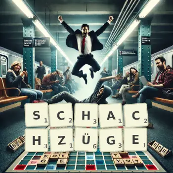 Kreative Illustration für ein Scrabble-Spiel, bei dem das Wort SCHACHZÜGE mit Steinen auf dem Brett gelegt wurde.