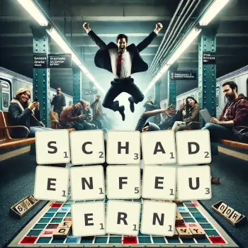 Kreative Illustration für ein Scrabble-Spiel, bei dem das Wort SCHADENFEUERN mit Steinen auf dem Brett gelegt wurde.