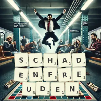 Kreative Illustration für ein Scrabble-Spiel, bei dem das Wort SCHADENFREUDEN mit Steinen auf dem Brett gelegt wurde.