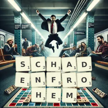Kreative Illustration für ein Scrabble-Spiel, bei dem das Wort SCHADENFROHEM mit Steinen auf dem Brett gelegt wurde.