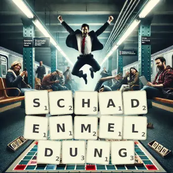 Kreative Illustration für ein Scrabble-Spiel, bei dem das Wort SCHADENMELDUNG mit Steinen auf dem Brett gelegt wurde.
