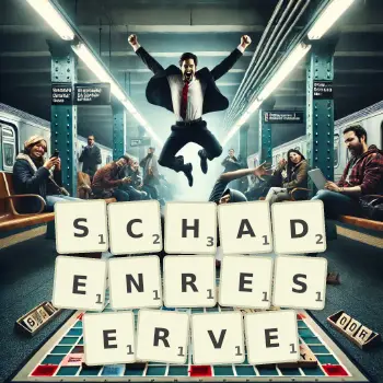 Kreative Illustration für ein Scrabble-Spiel, bei dem das Wort SCHADENRESERVE mit Steinen auf dem Brett gelegt wurde.
