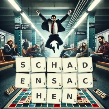 Kreative Illustration für ein Scrabble-Spiel, bei dem das Wort SCHADENSACHEN mit Steinen auf dem Brett gelegt wurde.