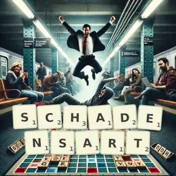 Kreative Illustration für ein Scrabble-Spiel, bei dem das Wort SCHADENSART mit Steinen auf dem Brett gelegt wurde.