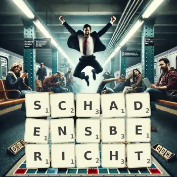 Kreative Illustration für ein Scrabble-Spiel, bei dem das Wort SCHADENSBERICHT mit Steinen auf dem Brett gelegt wurde.