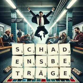 Kreative Illustration für ein Scrabble-Spiel, bei dem das Wort SCHADENSBETRÄGE mit Steinen auf dem Brett gelegt wurde.