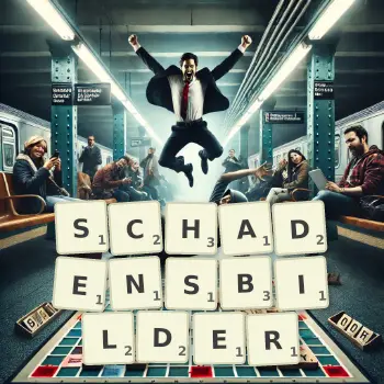Kreative Illustration für ein Scrabble-Spiel, bei dem das Wort SCHADENSBILDER mit Steinen auf dem Brett gelegt wurde.