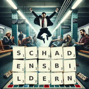 Kreative Illustration für ein Scrabble-Spiel, bei dem das Wort SCHADENSBILDERN mit Steinen auf dem Brett gelegt wurde.