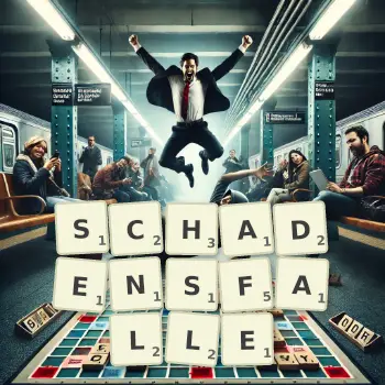 Kreative Illustration für ein Scrabble-Spiel, bei dem das Wort SCHADENSFALLE mit Steinen auf dem Brett gelegt wurde.