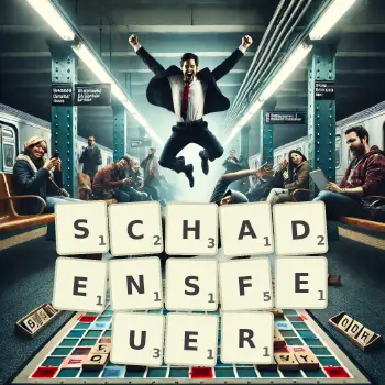 Kreative Illustration für ein Scrabble-Spiel, bei dem das Wort SCHADENSFEUER mit Steinen auf dem Brett gelegt wurde.