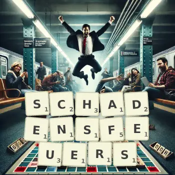 Kreative Illustration für ein Scrabble-Spiel, bei dem das Wort SCHADENSFEUERS mit Steinen auf dem Brett gelegt wurde.